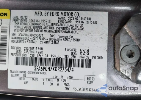 2013 Ford Fusion Se from USA, damaged, VIN 3FA6P0H7XDR275474